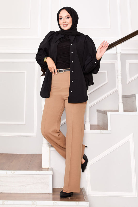 Önü Çımalı Beli Lastikli Palazzo Pantolon Camel