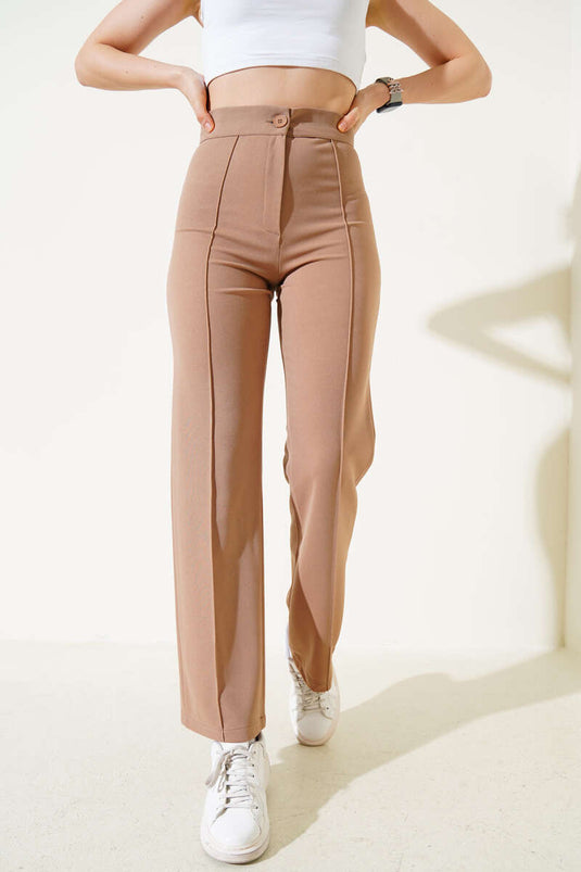 Önü Çımalı Boru Paça Pantolon Camel