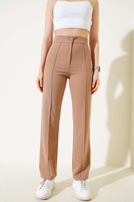 Önü Çımalı Boru Paça Pantolon Camel