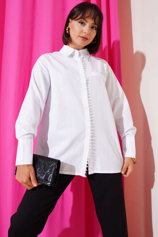 Önü Dantel Detaylı Gömlek Beyaz