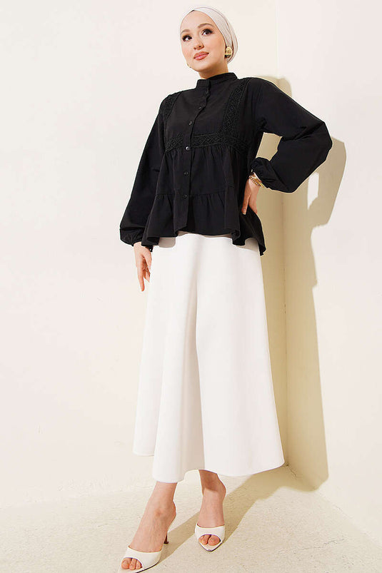 Short Shirt with Lace Strip Front Black