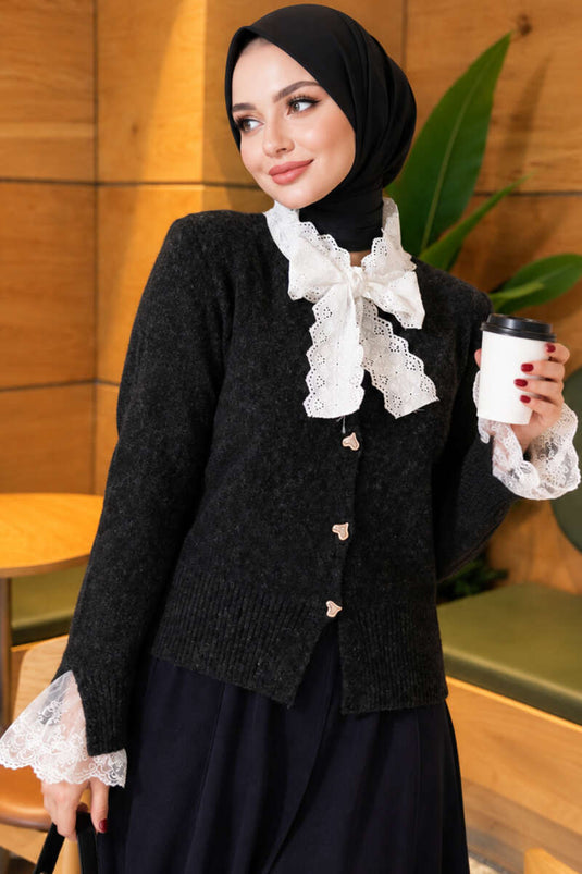 Gilet En Maille À Nouer Et Dentelle À L'avant, Anthracite