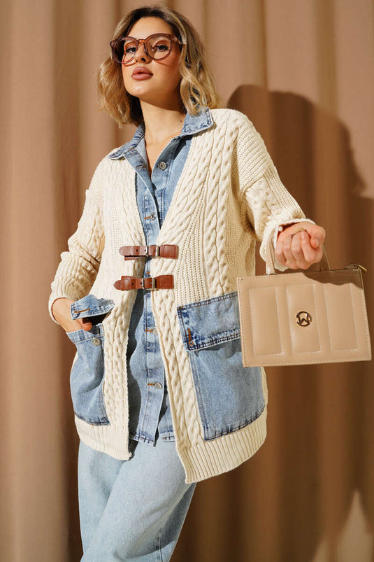 Önü Deri Tokalı Triko Hırka Bej