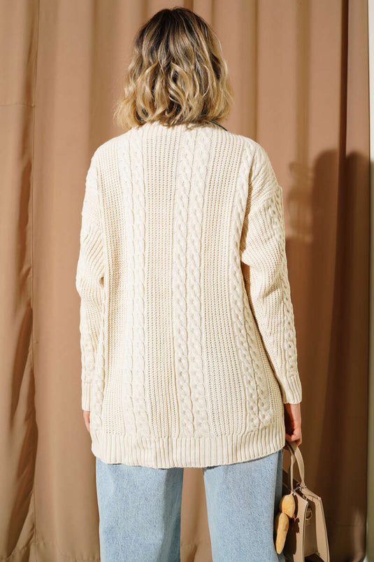 Önü Deri Tokalı Triko Hırka Bej