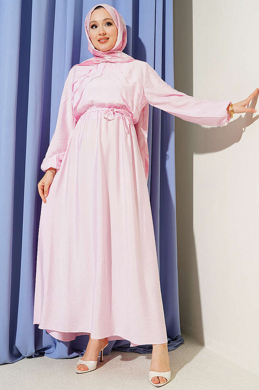 Önü Dikey Fırfırlı Bel Lastikli Elbise Pembe