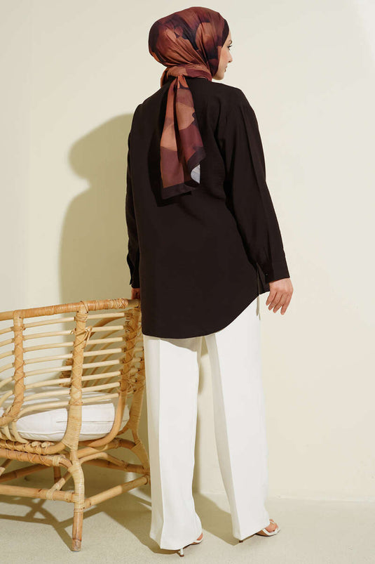 Loose Shirt with Front Stitch Detail Dark Brown