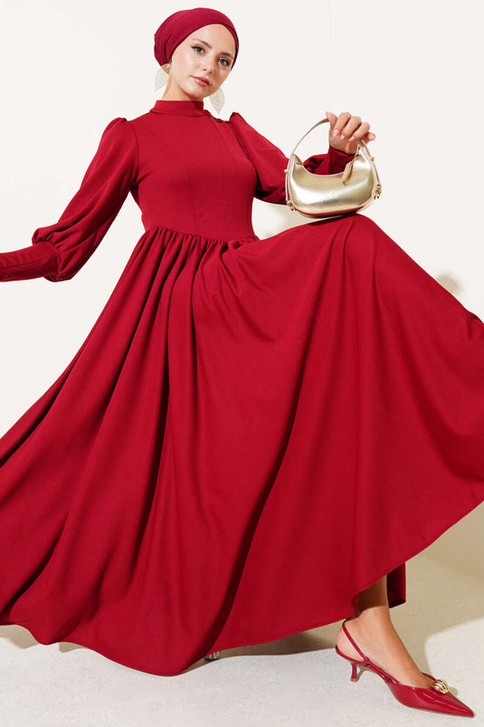 Front Stitched Waist Pleated Dress Burgundy