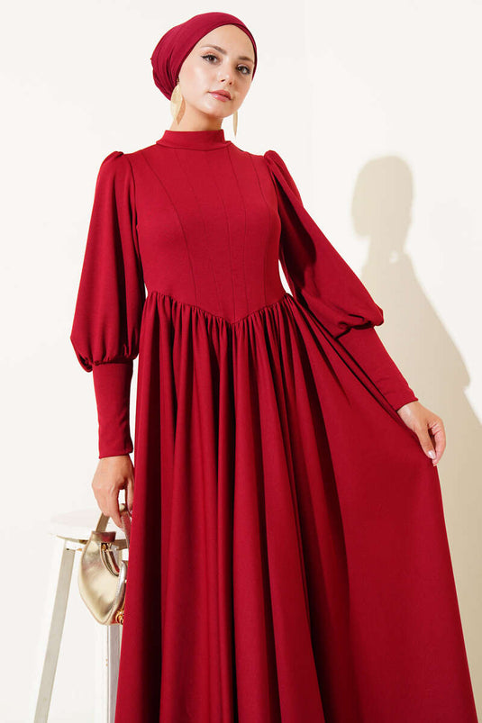 Front Stitched Waist Pleated Dress Burgundy