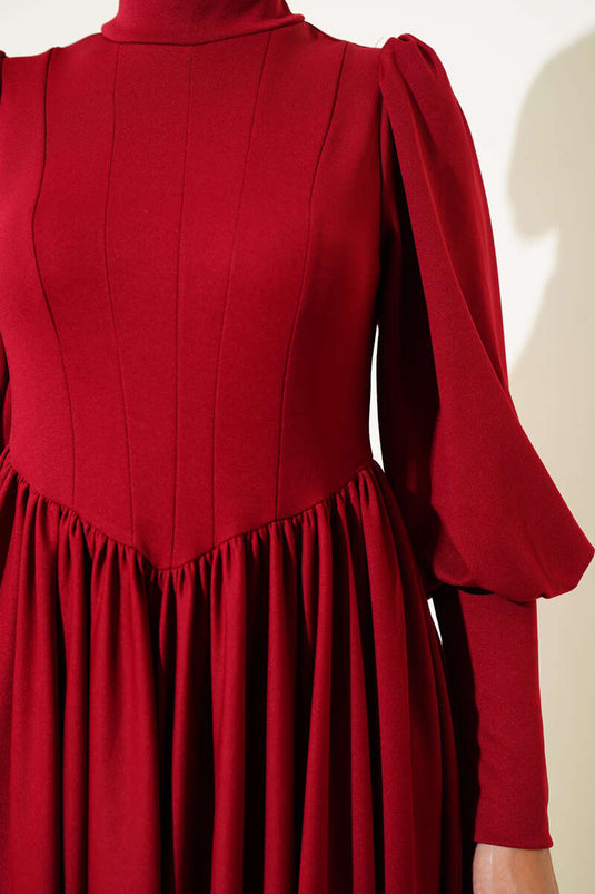 Front Stitched Waist Pleated Dress Burgundy