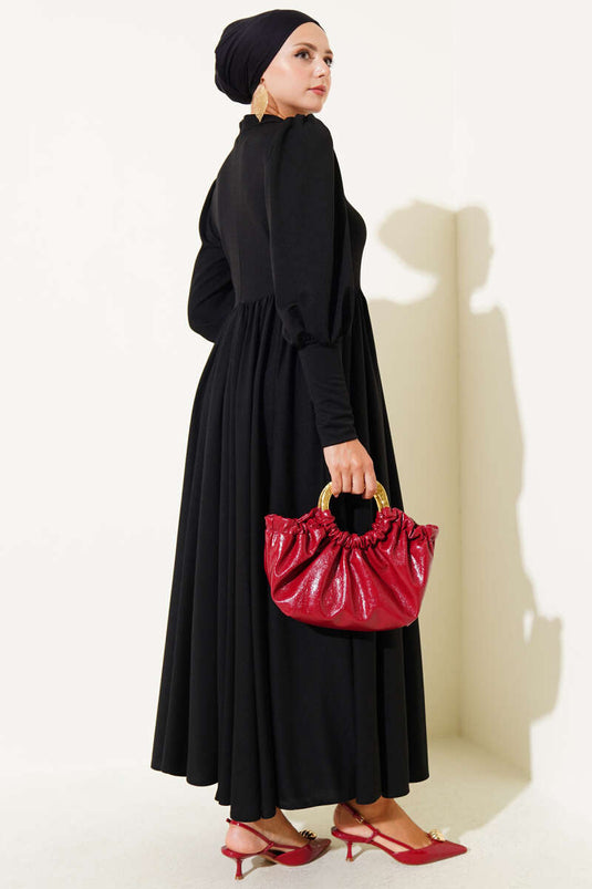 Önü Dikişli Bel Büzgülü Elbise Siyah