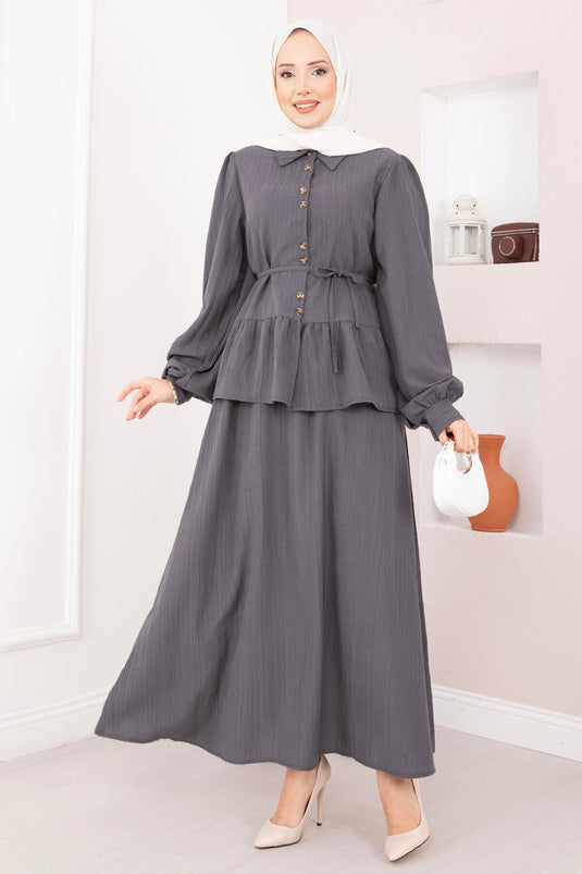 Two-Piece Set with Button-Front Skirt Gray