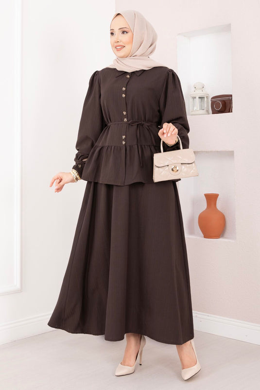 Two-Piece Set with Button-Front Skirt Brown
