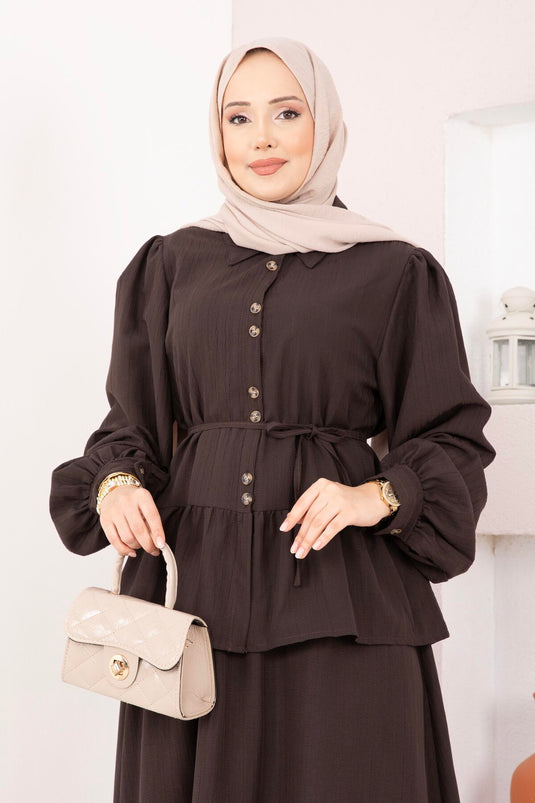 Two-Piece Set with Button-Front Skirt Brown