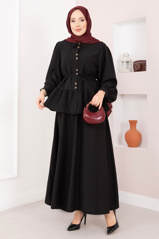 Two-Piece Set with Button-Front Skirt Black