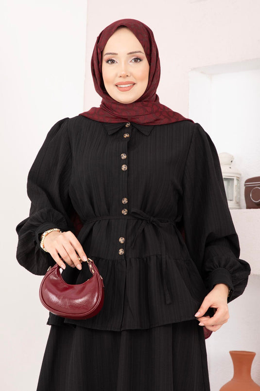 Two-Piece Set with Button-Front Skirt Black