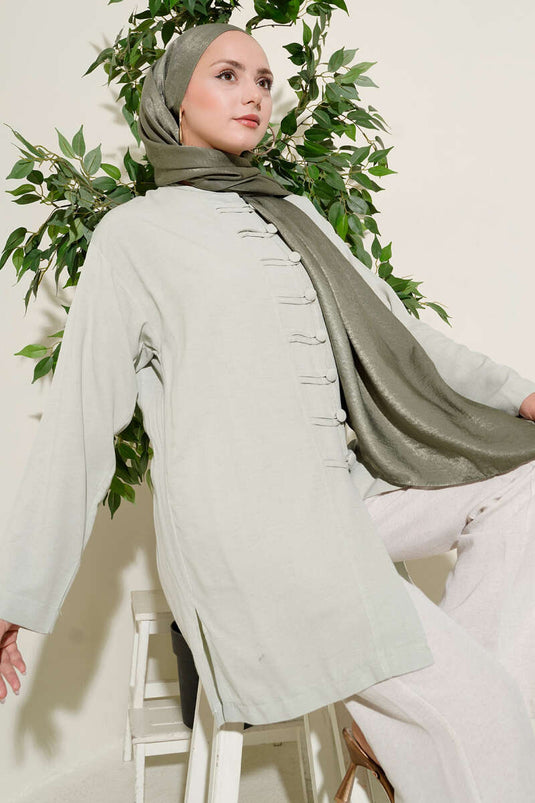 Önü Düğme Detaylı Keten Tunik Çağla Yeşili