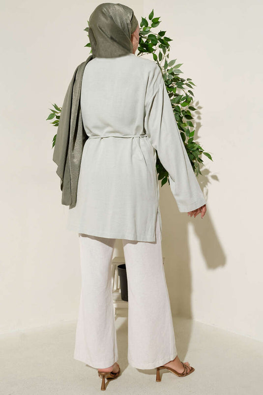 Önü Düğme Detaylı Keten Tunik Çağla Yeşili