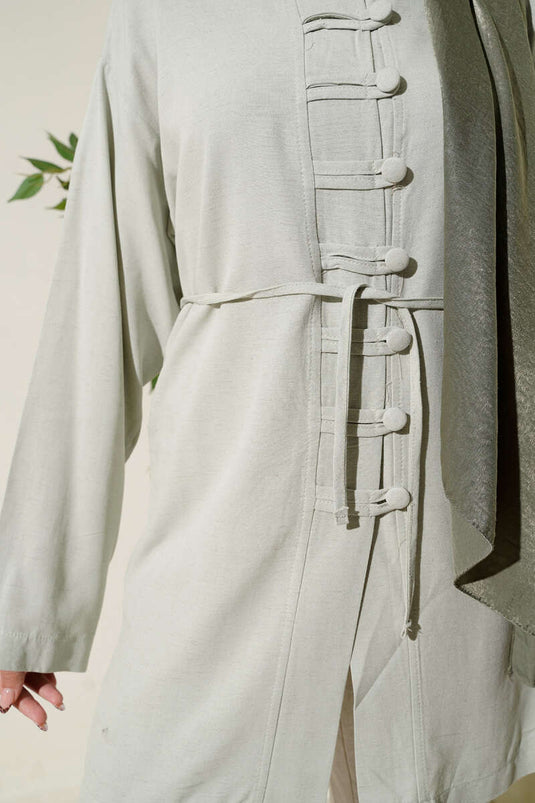 Önü Düğme Detaylı Keten Tunik Çağla Yeşili