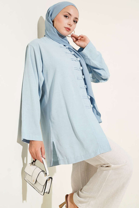 تونيك كتان مع تفاصيل أزرار في الأمام باللون الأزرق