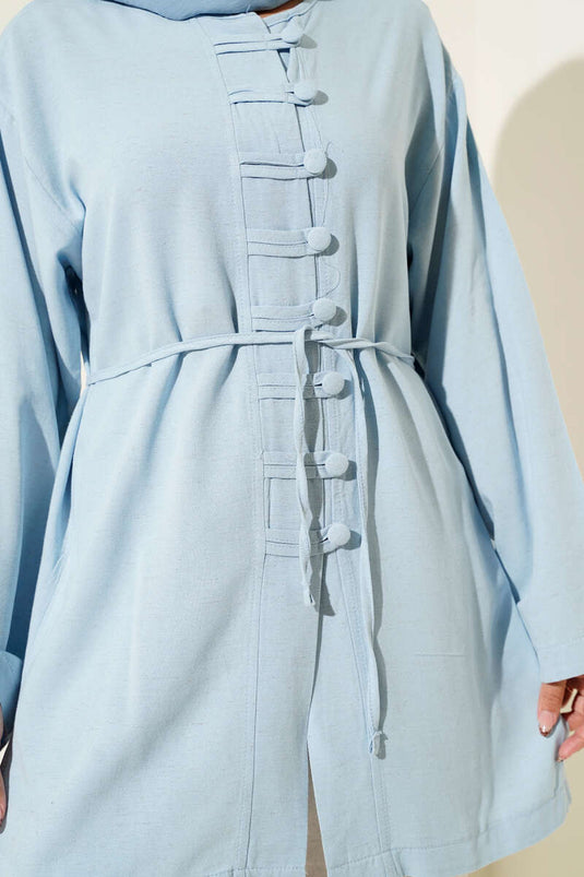 تونيك كتان مع تفاصيل أزرار في الأمام باللون الأزرق