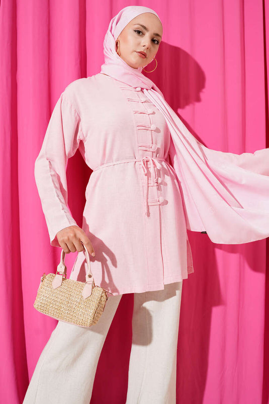 Önü Düğme Detaylı Keten Tunik Pembe