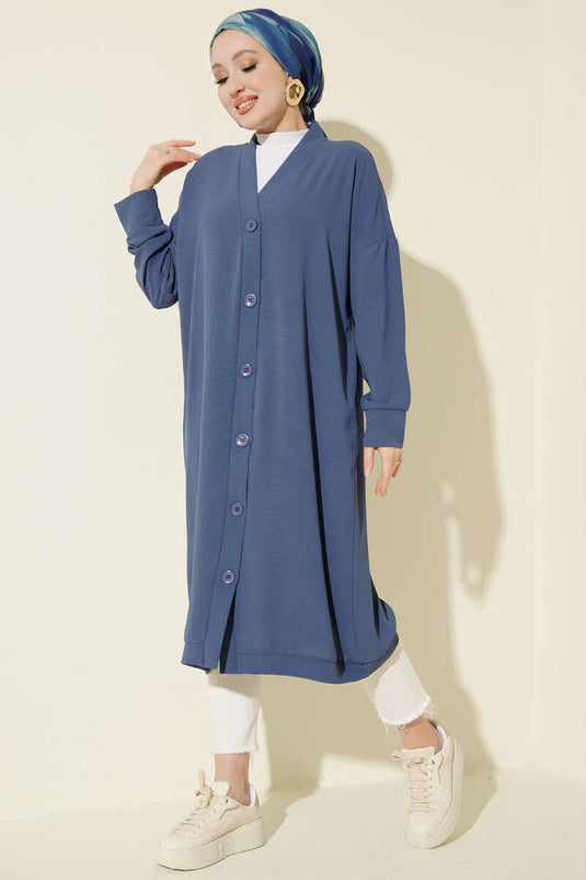 Front Buttoned Ayrobin Long Cardigan in Bondi Blue