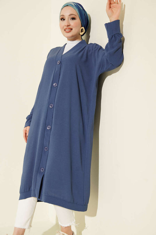 Front Buttoned Ayrobin Long Cardigan in Bondi Blue