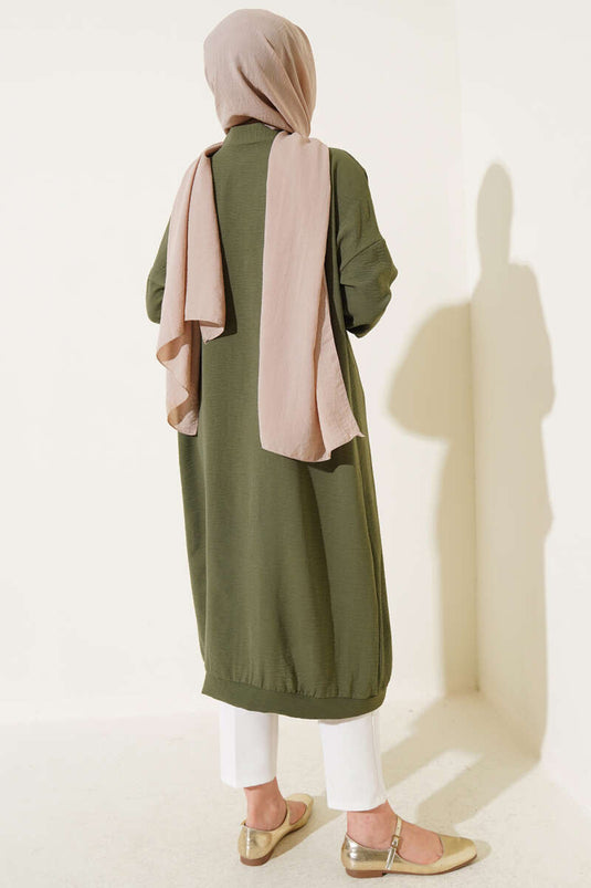 Front Buttoned Air Knit Olive Long Cardigan
