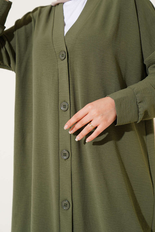 Önü Knöpfen Ayrobin Olivgrüner Langer Strickjacke