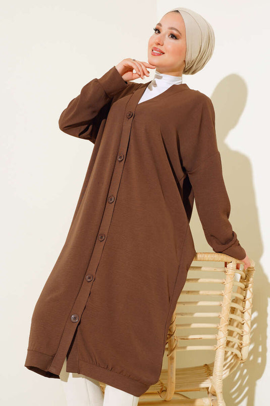 Cardigan long marron Ayrobin avec boutons sur le devant