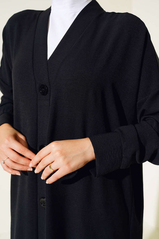 Lange Ayrobin-Strickjacke Mit Knopfleiste Vorne In Schwarz