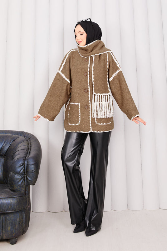 Camel Button-Front Pocket Detailed Scarf Jacket