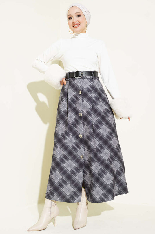 Jupe à carreaux avec boutons sur le devant, couleur fumée