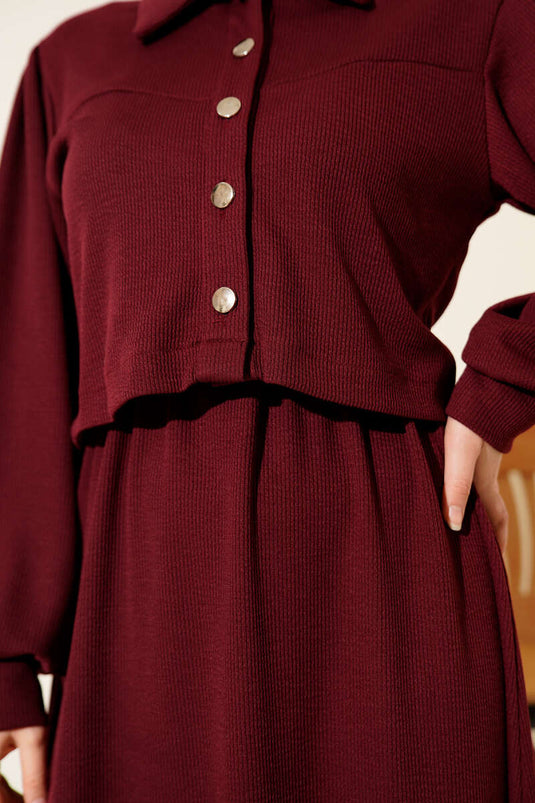 Önü Düğmeli İkili Takım Elbise Bordo