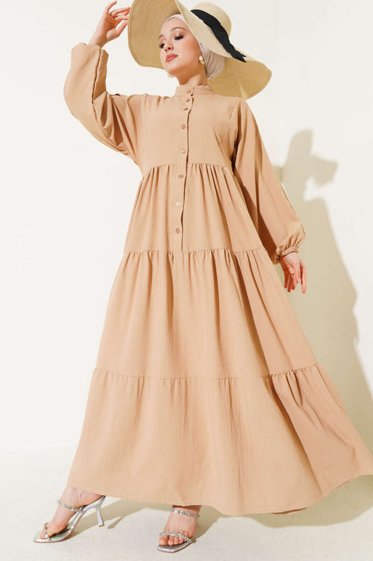 Önü Düğmeli Kat Kat Basic Elbise Latte