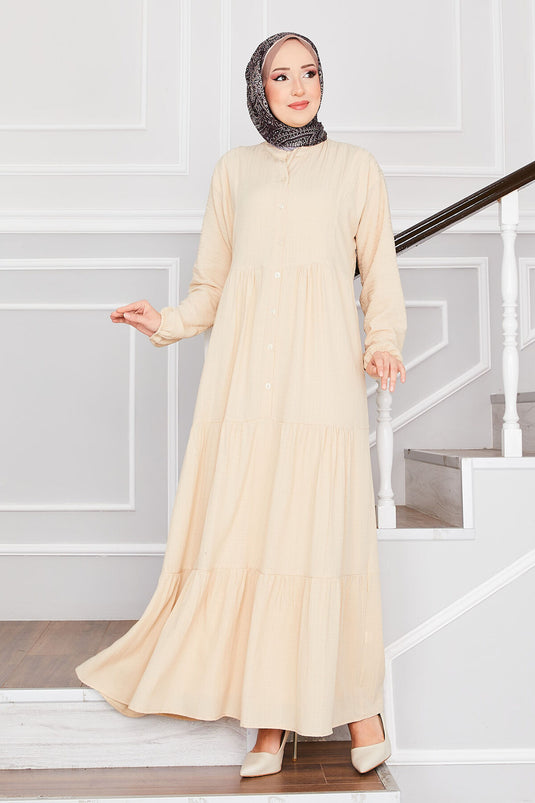 Buttoned Layered Modest Dress Beige