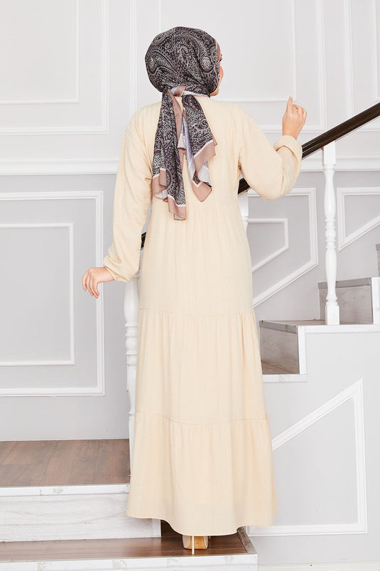 Buttoned Layered Modest Dress Beige