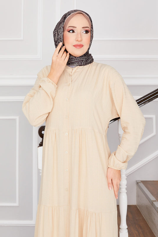 Buttoned Layered Modest Dress Beige