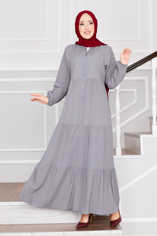 Buttoned Front Layered Modest Dress Gray