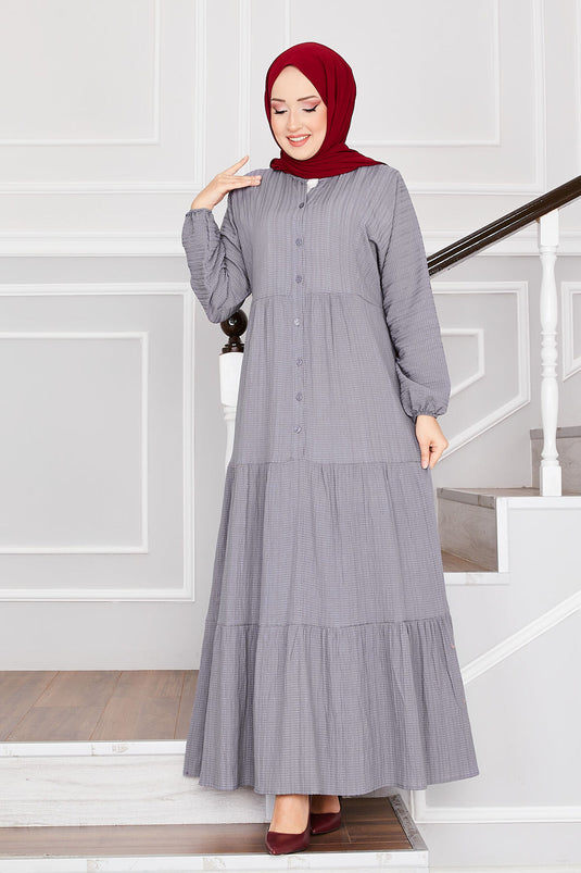 Buttoned Front Layered Modest Dress Gray