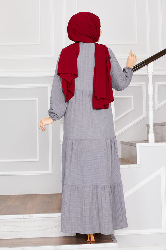 Buttoned Front Layered Modest Dress Gray