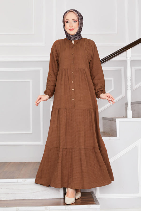 Buttoned Layered Modest Dress Brown