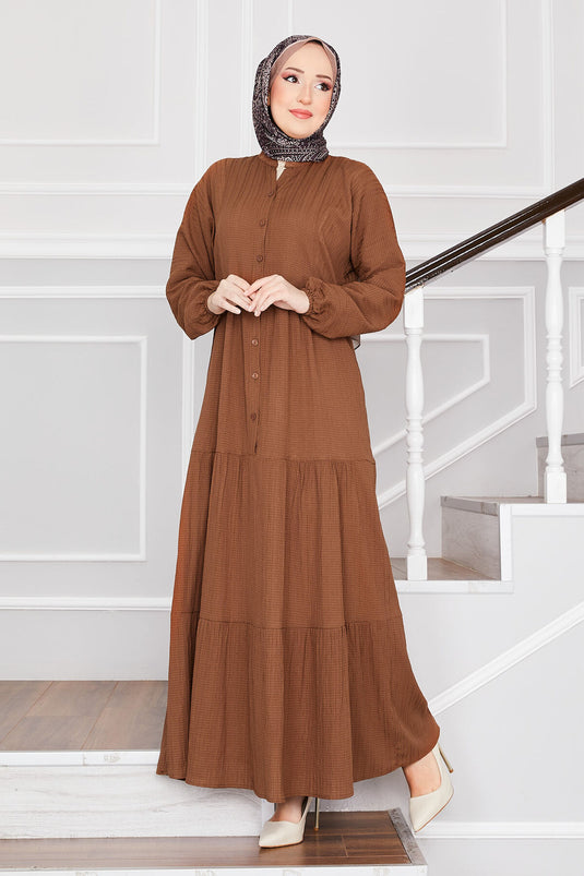 Buttoned Layered Modest Dress Brown