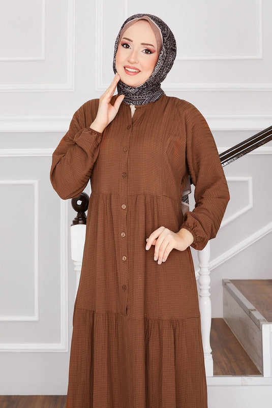 Buttoned Layered Modest Dress Brown