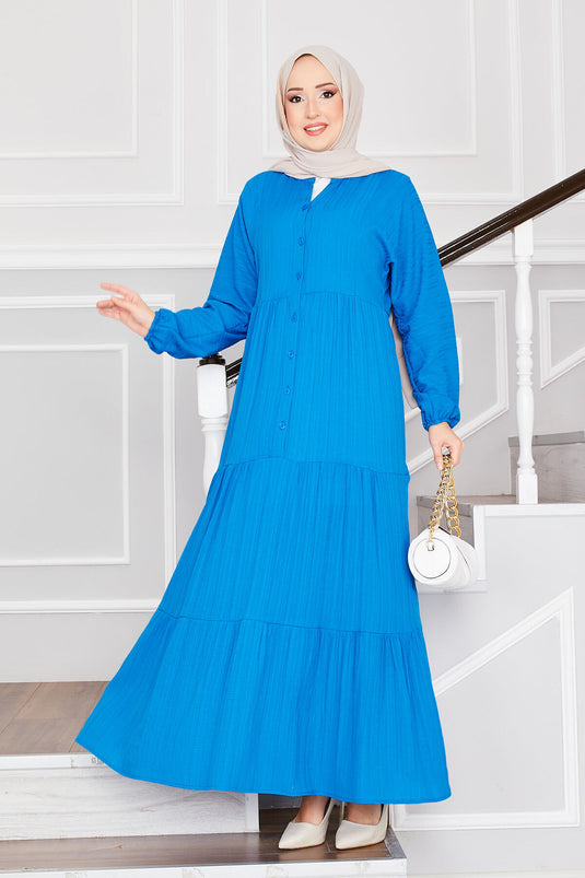 Buttoned Front Layered Modest Dress Blue