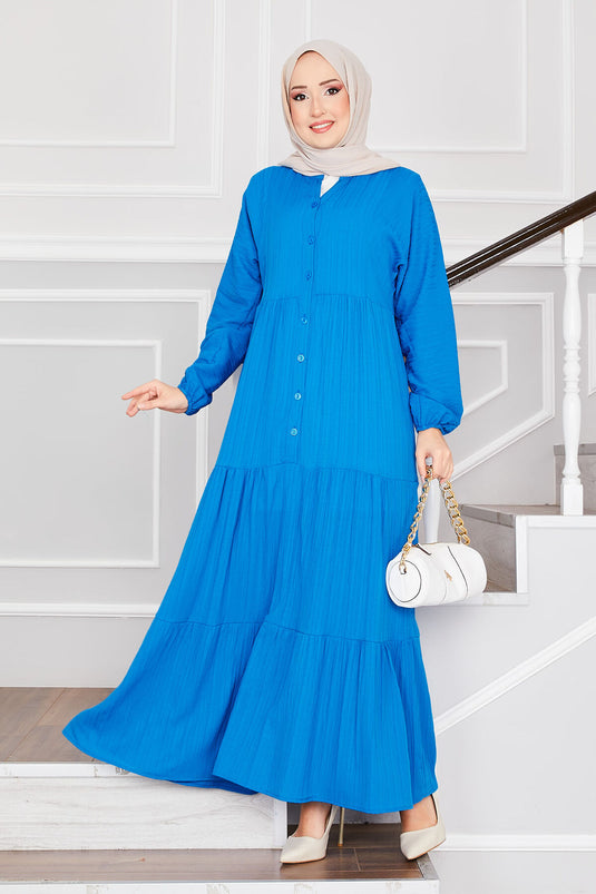 Buttoned Front Layered Modest Dress Blue