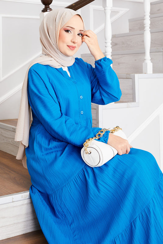 Buttoned Front Layered Modest Dress Blue