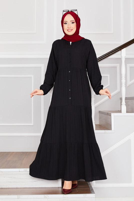 Vorne geknöpftes Lagen-Hijab-Kleid Schwarz