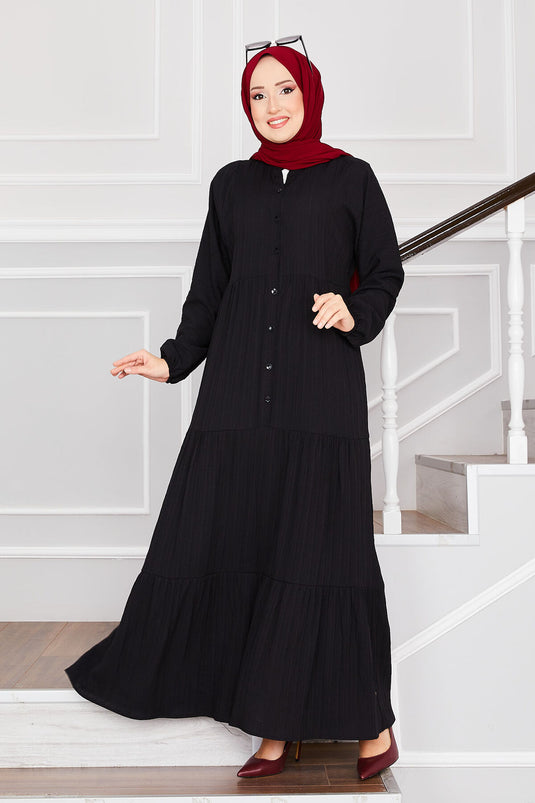 Buttoned Layered Modest Dress Black