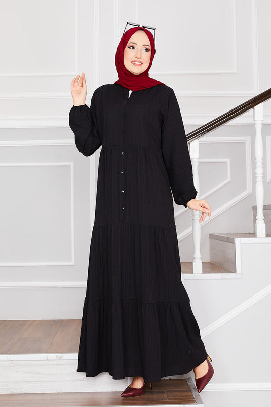 Vorne geknöpftes Lagen-Hijab-Kleid Schwarz